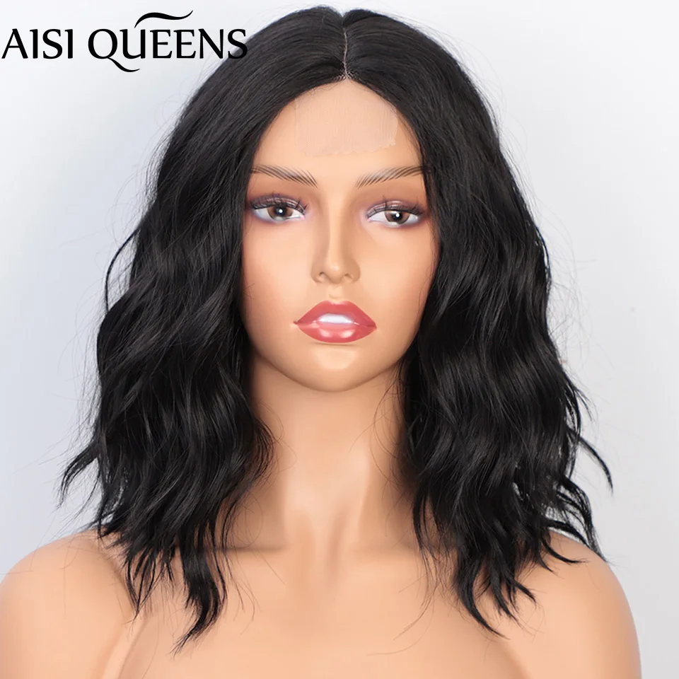 AISI QUEENS-Peluca de cabello sintético para mujer, pelo corto con ondas al agua, línea media Natural, fibra de alta temperatura, color negro