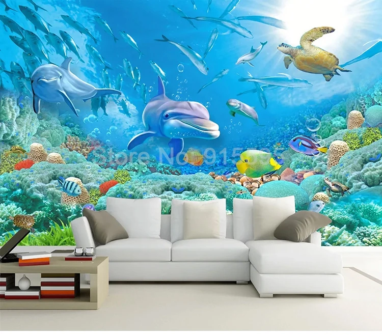 Custom Photo Underwater World 3D Dolphin Turtle Fish Coral Family Mural Living Room TV Background Wallpaper For Bedroom Walls 3D