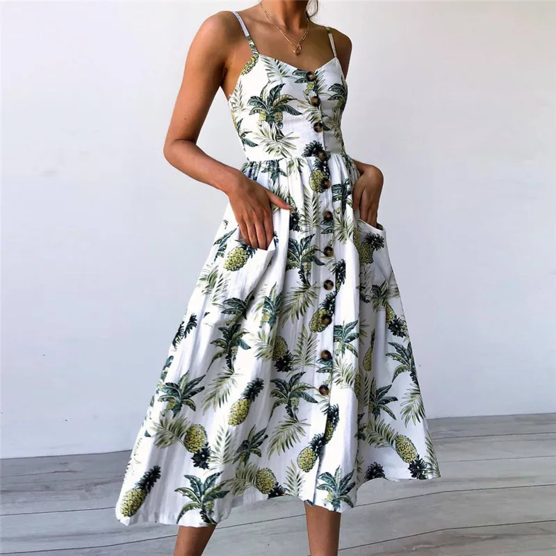 Summer Floral Dress Women Midi Dress Sexy Printing Buttons Off Shoulder Sleeveless Dress Princess Dress vestidos elegantes