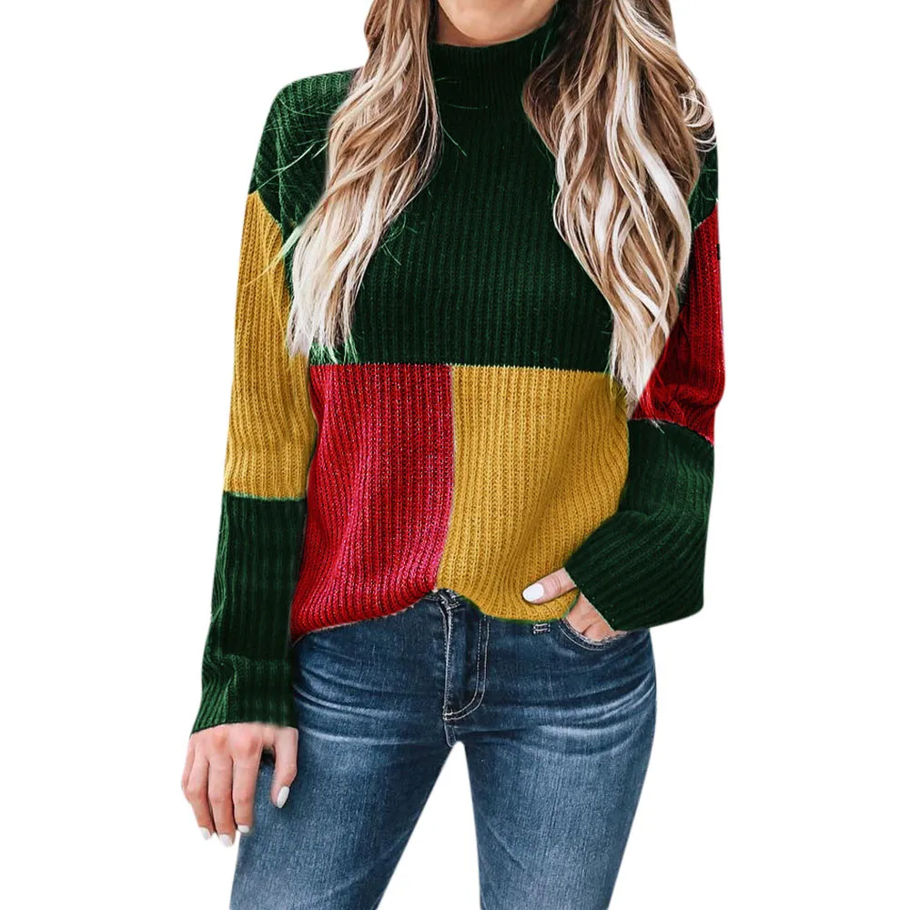 Jaycosin Women Colorblock Stand Long Sleeve Knitted Loose Sweater Tops Casual Quality Attractive Jumper Pullover Top Blouse