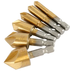 Juego de brocas para avellanado de 5 flauta, herramientas eléctricas de bricolaje de 90 grados, 1/4 ", cortador de chaflán de fregadero de acero de alta velocidad, 6 uds.