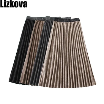 

Autumn 2020 Women Black Skirt High Waist Pleated Knitted Skirt Bright Silk Skirt Patchwork Elastic Waist Streetwear