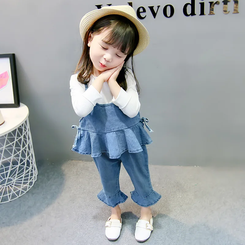 

Girl'S Suit Baby Autumn Clothing 1-3 Years Old 2019 Western Style New Style Children Denim Braces Skirt Bell-bottom Pants Three-