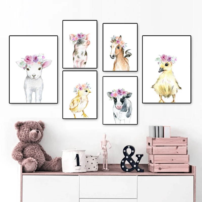 Baby Farm Animals Nursery Wall Art Canvas Painting Floral Animal Baby Girls  Gifts Nordic Posters and Prints Kids Room Home Decor