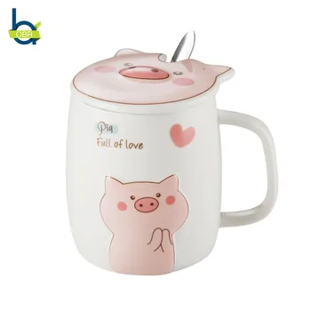 

OBR 500ml Creative Ceramic Mug Pig Shape Coffee Mug With Lid And Spoon Tumbler Cartoon Cute Animal Drinking Tea Mug Friends Gift