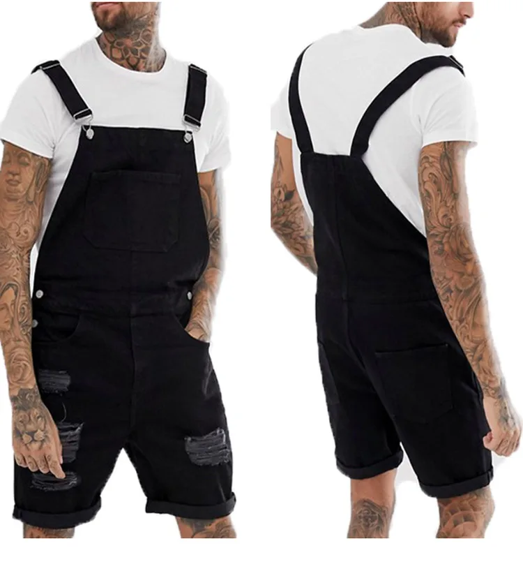 Men Jeans Jumpsuits Shorts Protection Safety Ripped Denim Bib Overalls For Male Suspender Pants New Fashion Casual Black Summer (1)