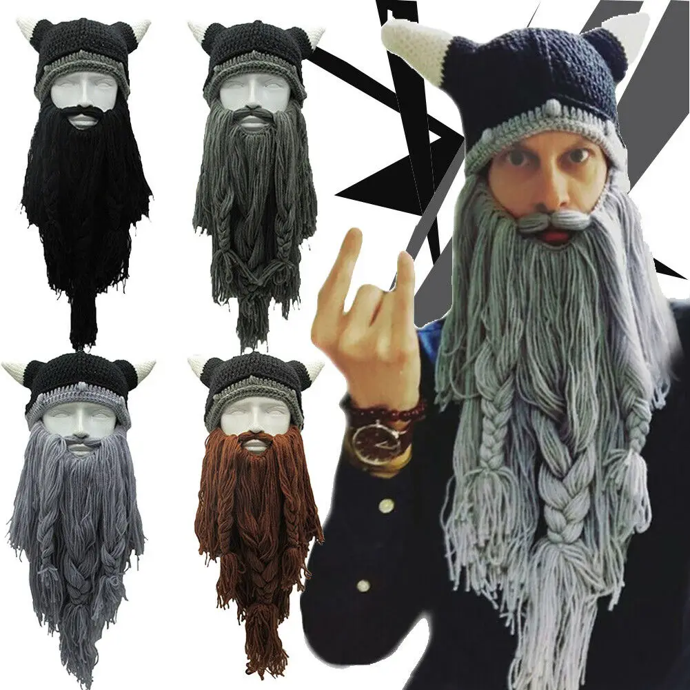 Смешные сумасшедшие Хэллоуин косплей Мужчины вязать Viking борода Рог Шляпа Лыжная маска Кепка варварская Вагабонд крутая бини зимняя теплая Кепка унисекс