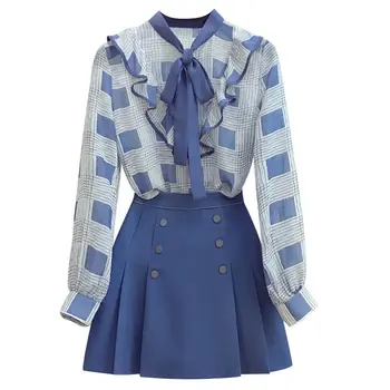 

2019 Spring Autumn Women Ruffles Patchwork Chiffon Bow Shirt Top+A Line Draped Solid Skirt Suit Lady Plus Size Casual Set Z265