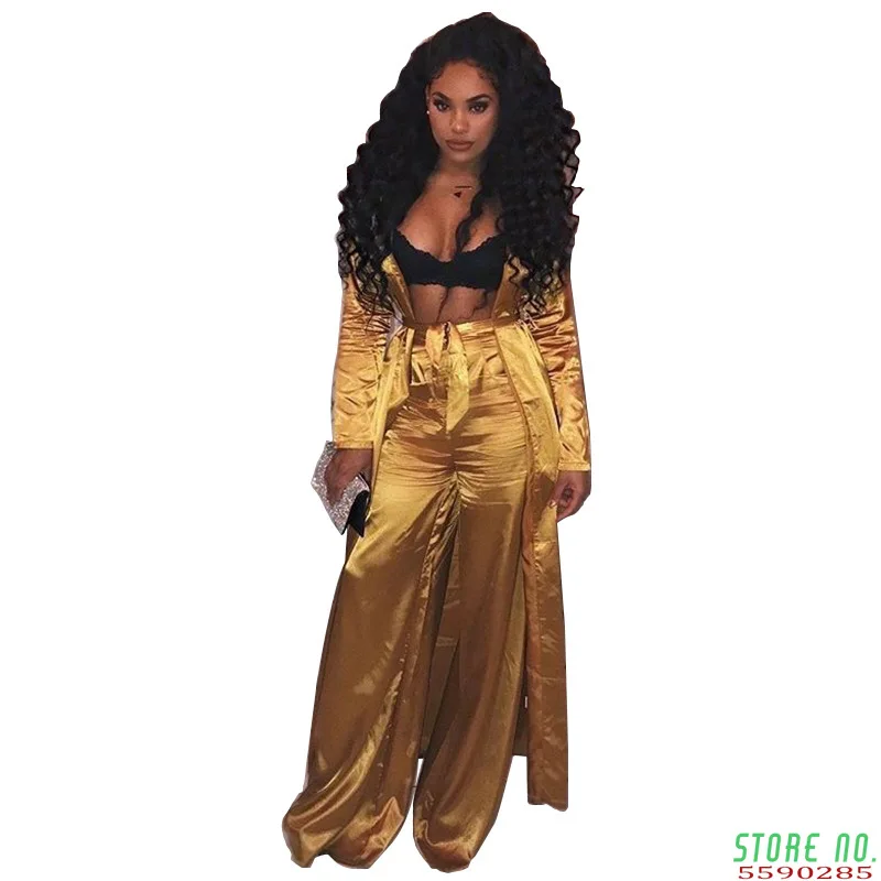 

Satin Two Piece Matching Sets Sexy Long Cardigan Tops and Pants Suits Casual Autumn Winter Outfits Solid 2 Piece Set 2020