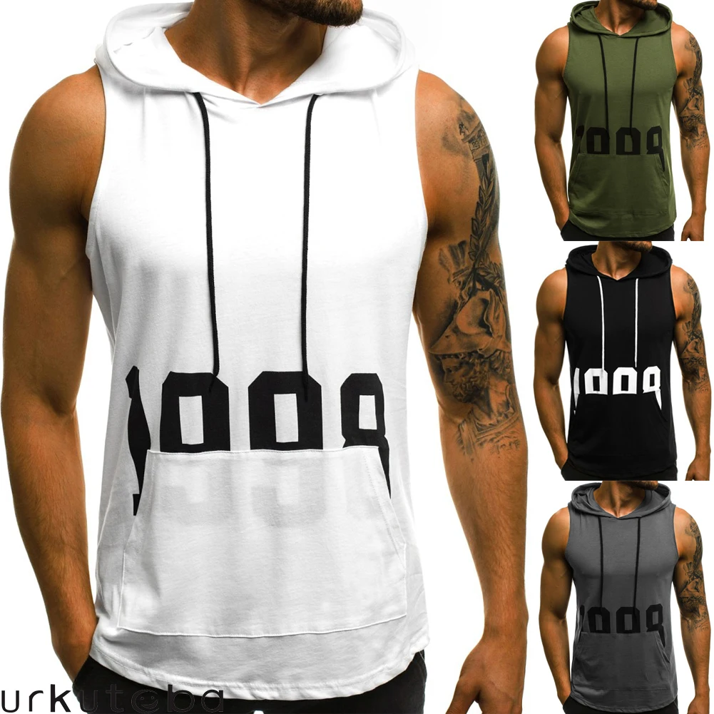 

Men's Sleeveless Hooded Vest Casual Sports Fitness Muscle Cool Sweatshirt 2021 New Fashion Hoodies