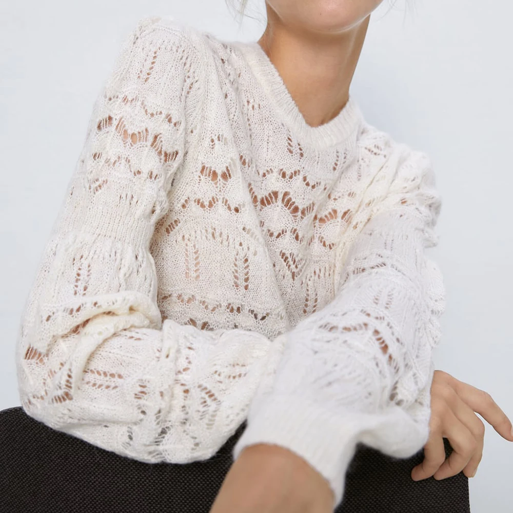 ZA сплошной цвет ажурный свитер для женщин круглый воротник длинный рукав ребристый слой дизайн осень зима свитер