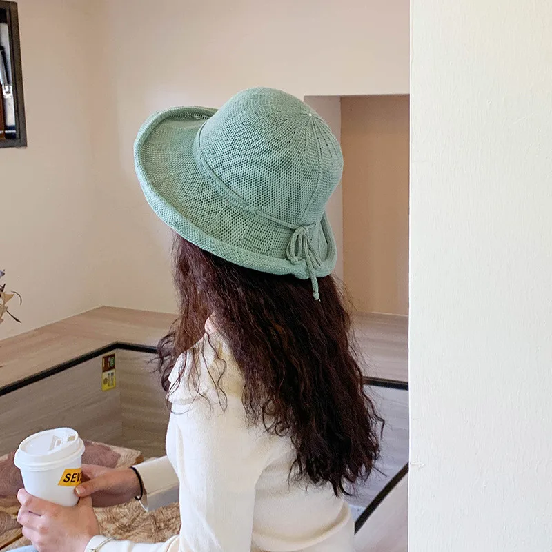 

LEAYH Fashion Ventilate Milk Fiber Bucket Hats Women Tether Hollow Out Sun Hat For Beach Vacation Sunscreen Cap