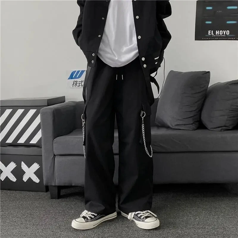 Goth Punk Black Cargo Pants With Chain Streetwear Men Wide Leg