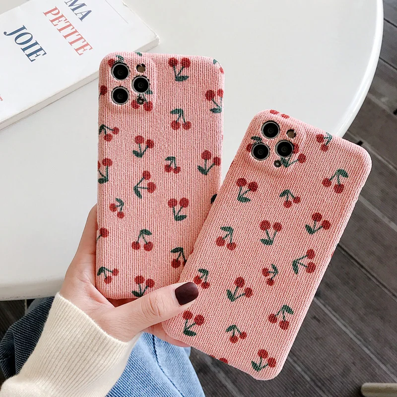US $204.48 100Pcs Lens Protection Cloth Texture Phone Case For IPhone 12 Mini 11 Pro XR XS Max 7 8 Plus SE2 Pink Cherry Plush Soft PU Cover