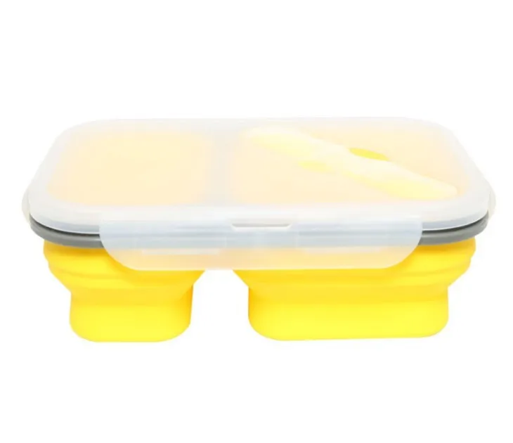 900 мл Силиконовый складной контейнер для еды, Ланч-бокс с вилкой, может нагреваться в микроволновой печи - Цвет: yellow