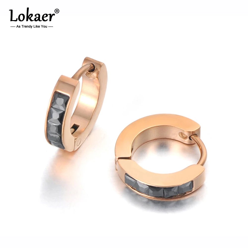 Женские серьги кольца с фианитом Lokaer из нержавеющей стали блестящим черным