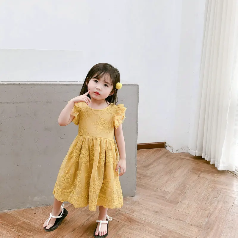 Платье для девочек; Новинка года; летняя одежда для малышей; кружевное платье принцессы с цветочным узором; детская одежда; повседневная детская одежда