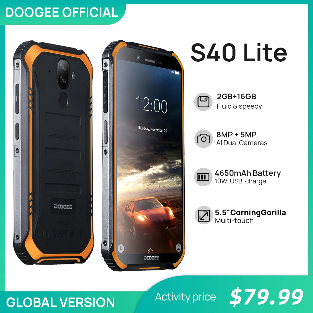 Смартфон DOOGEE S40 Lite защищенный IP68 5 дюйма 4650 мАч 8 Мп 2 + 16 ГБ Android 9 0|Смартфоны| |
