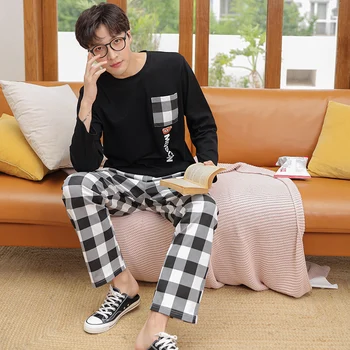 

New mens pajama set cotton pajamas sleep pants two sets of high-quality fashion print pajamas men large size home service