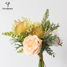 Lovegrace букет розы Шампанское цветок лес стиль невесты букет Орхидея из искусственного шелка гортензии Leucospermum свадебные цветы
