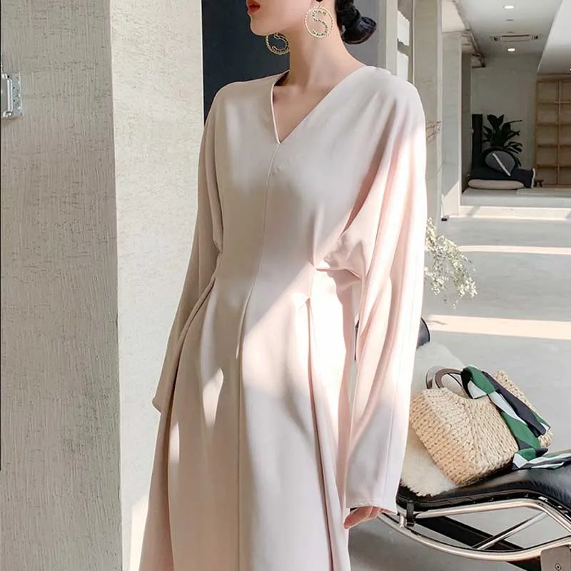One-Piece For Female Spring Autumn Dress 2020 Vintage Korean V-Neck Waist Long Sleeves Dress Women Elegant Party Office Dresses