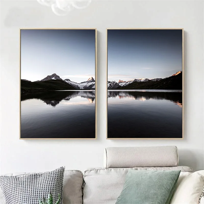 

Scandinavian Decoration Picture Mountain Lake Reflection Canvas Poster Sunset Landscape Wall Art Print Nordic Style Painting