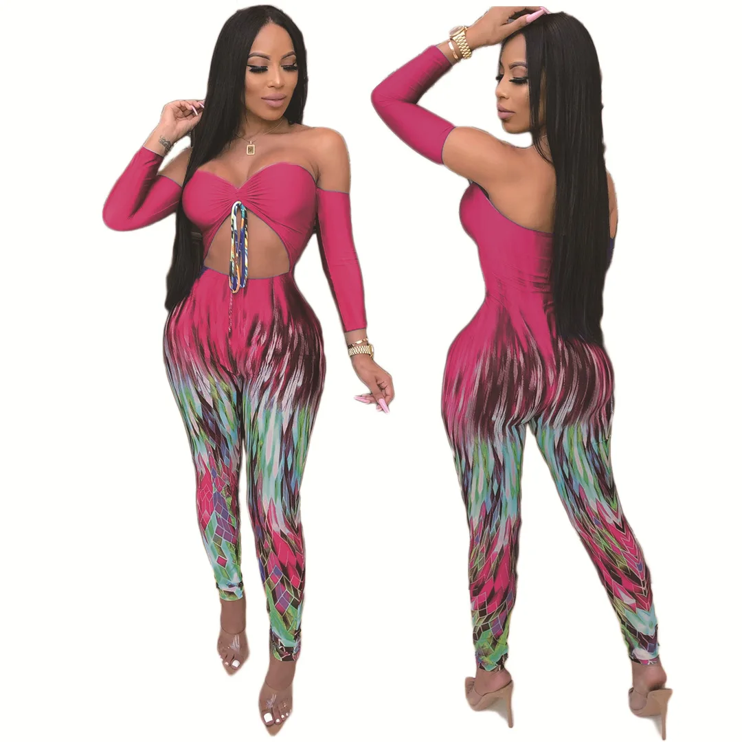 QILI Women Off The Shoulder Sexy Jumpsuits Slash Neck Long Sleeve Hollow Out Drawsthing Bodycon Jumpsuit Club Rompers Plus Size