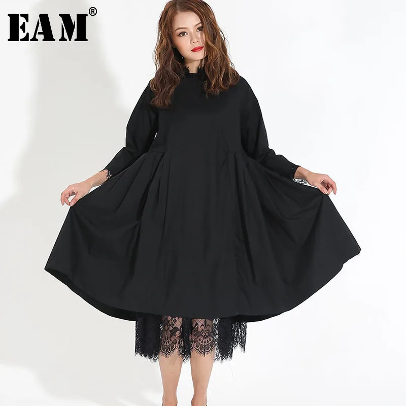 

[EAM] Women Black Pleated Lace Two Piece Dress New Round Neck Long Sleeve Loose Fit Fashion Tide Spring Autumn 2020 Y13101