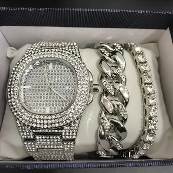 

Luxury Men Silver Color Watch Stylish Hip Hop Men Watch & Braclete Combo Set Ice Out Cuban Jewerly Set Hip Hop For Men