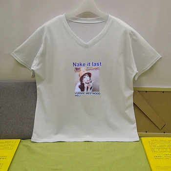 

V-neck Print T Shirt Women 90s Harajuku Fashion T-shirt Graphic Tshirt Korean Style Top Tees For Female clothes
