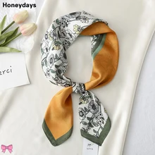 

High Quality Cotton Flowers Print Small Square Scarf Women Tied Bag Silk Scarves Popular Handkerchief Muslim Hijab Office Scarfs
