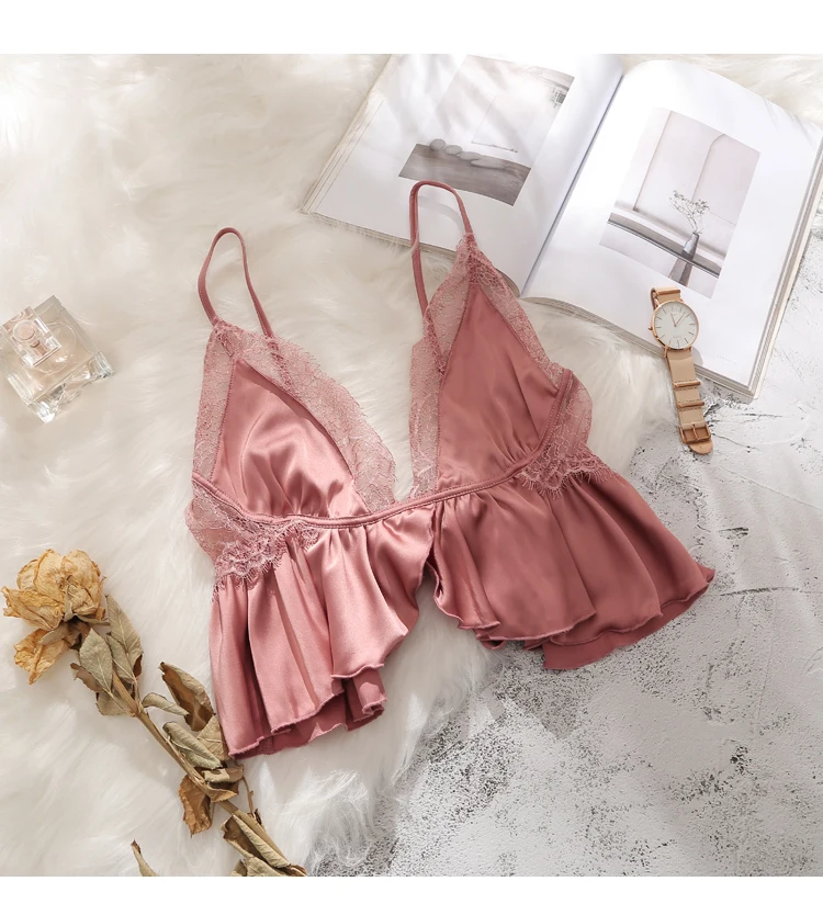 Без рукавов нижнее белье Babydoll Ночное белье шорты одежда для сна, пижамный комплект из 2 предметов Для женщин женские однотонный Атлас Кружева сексуальное
