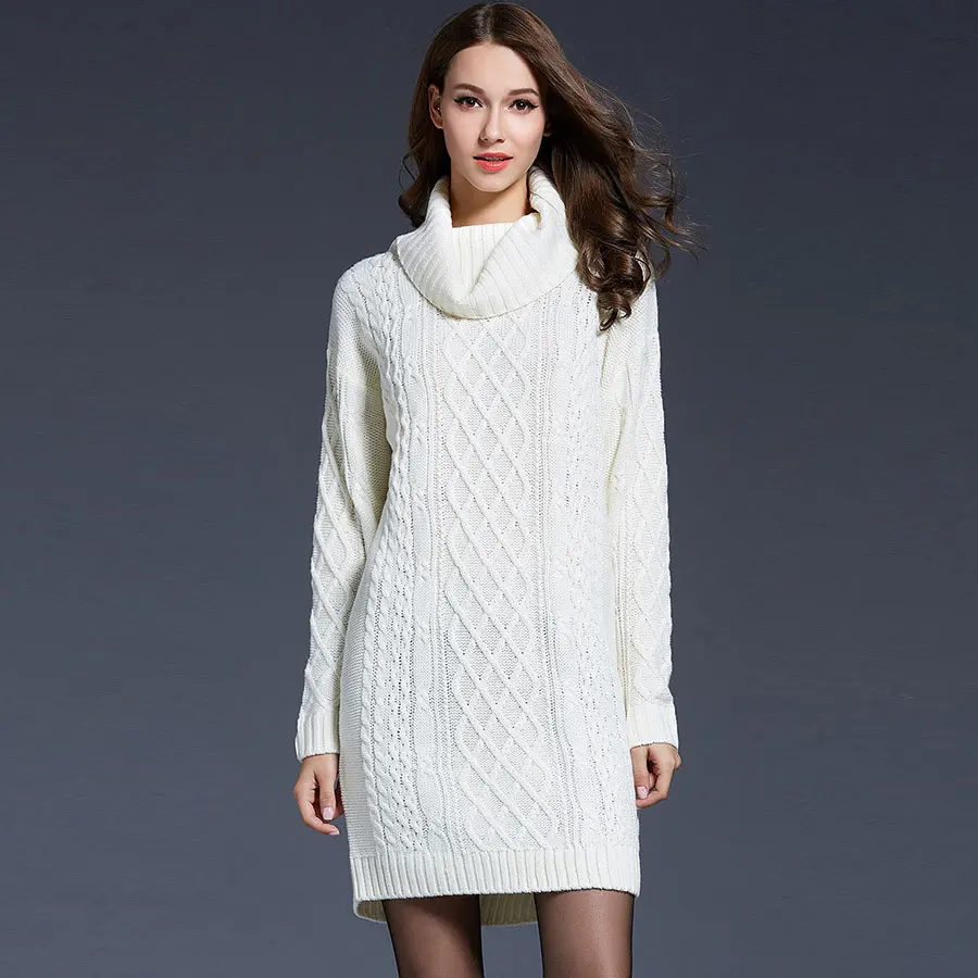 Tanie Stałe golfem długi sweter kobiet dorywczo sweter w dużym rozmiarze z dzianiny sukienka jesień zima kobieta moda zagęścić ciepły sweter