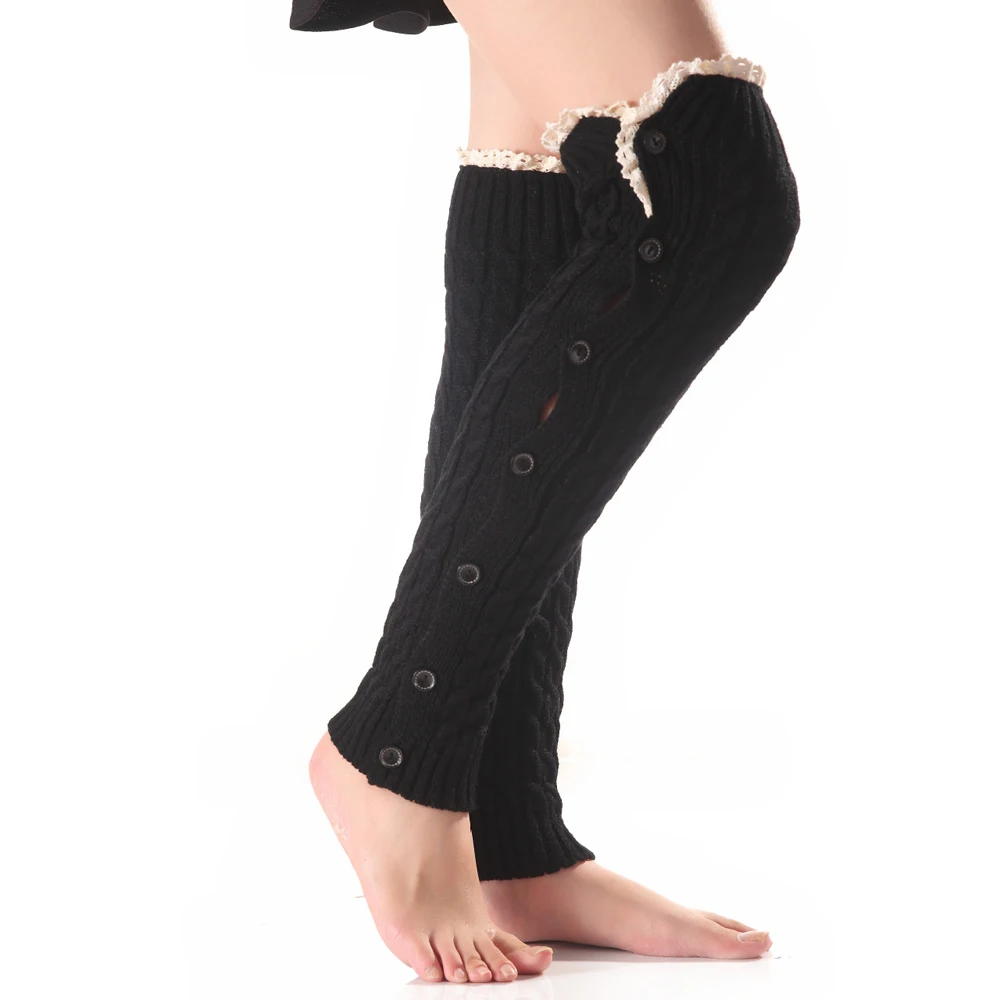 2 Pairs New Women Solid Knit Winter Warm Button Lace Ladies Leg Warmers Knee High Leg Girls Soft Warm Knitted Boot Cuffs Socks