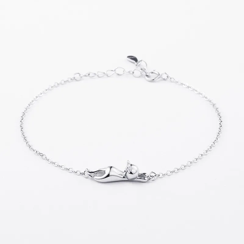 Классический милый Блестящий маленький браслет с кошкой, настоящий 925 пробы, серебряные аксессуары для женщин, металлическая цепочка, хорошее ювелирное изделие, подарок