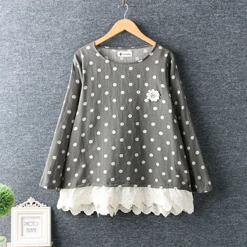 

2020 New Spring Women Blouse Japan Style Fresh O-Neck Polka Dot Cotton and linen Loose Shirt Women
