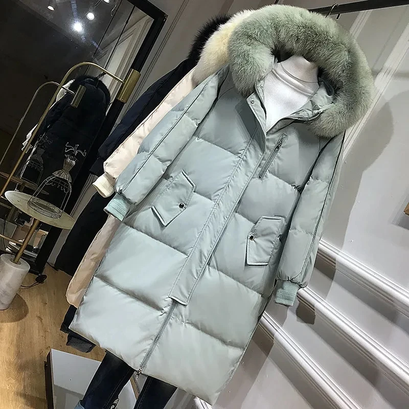 Lagabogy Long Puffer Jacket Women 2021  Real Fur Hooded 90% Duck Down Coat Windproof and thickened to keep warm Female  Parkas