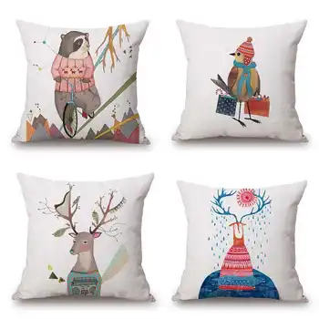 

Cartoon Animal Pillowcase Watercolor Art Designed Ative Cotton Linen Throw Pillow Case Cushion 18''x18''Room Decor
