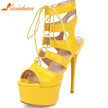 

Karinluna New Design 2020 Peep Toe Gladiator Sandals Woman Shoes Platform Thin High Heels Lace-Up Party Sandals Women Shoes