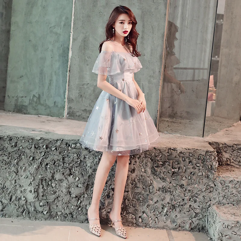 Вечернее платье, модель года, блестящее серое вечернее платье, сексуальные вечерние платья с открытыми плечами и оборками E074 - Цвет: gray-short