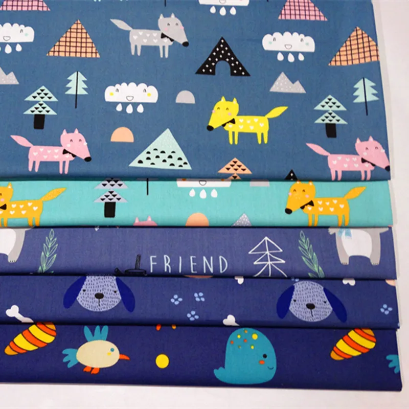 

100%Cotton Cartoon Twill Fabric Cotton Calico Baby Hand Dressed Fabric Handmade Patchwork Textile Supply Non-fluorescent 5color