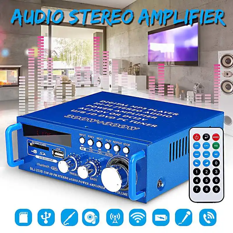 600W аудио Мощность усилитель со штепсельной вилкой европейского стандарта 12/220V 2 канала мини Hi-Fi Беспроводной Bluetooth цифровой аудио усилитель для дома Театр/автомобиля