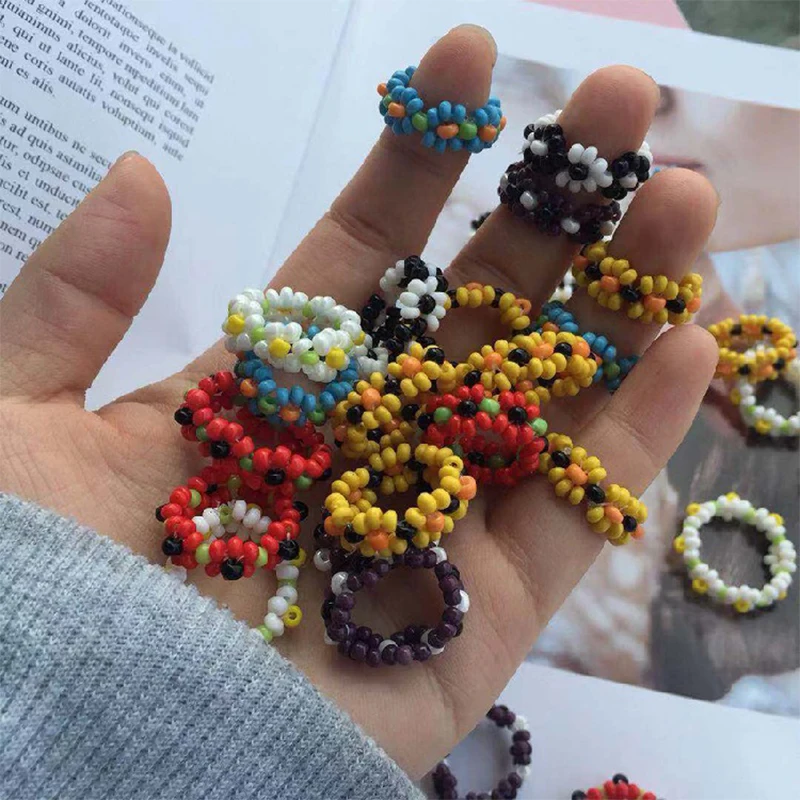 Beaded Ring Daisy Flower Dainty Rings For Women Girl Yellow Blue Handmade Splicing Stackable Beads Rainbow Jewelry Summer | Украшения и