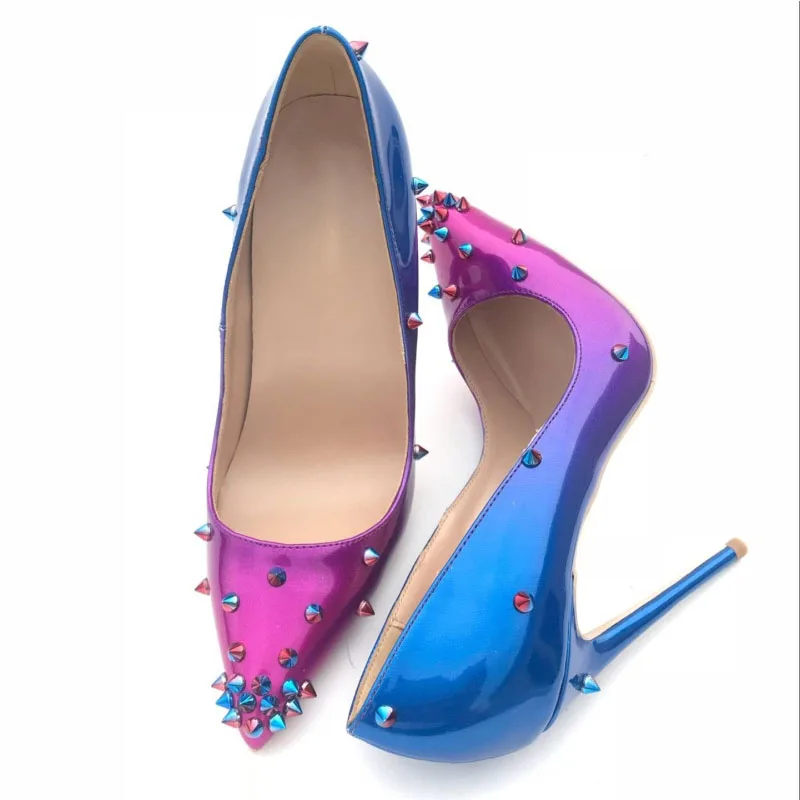 

2018 new blue rivet high heel pointed toe women shoes Pointy leather party shoes wedding shoes