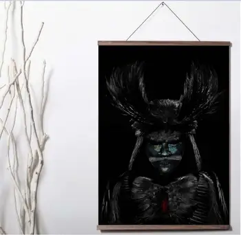 

Black SAMOURAI Modern Art Print canvas Poster Canvas Scroll Painting with wood