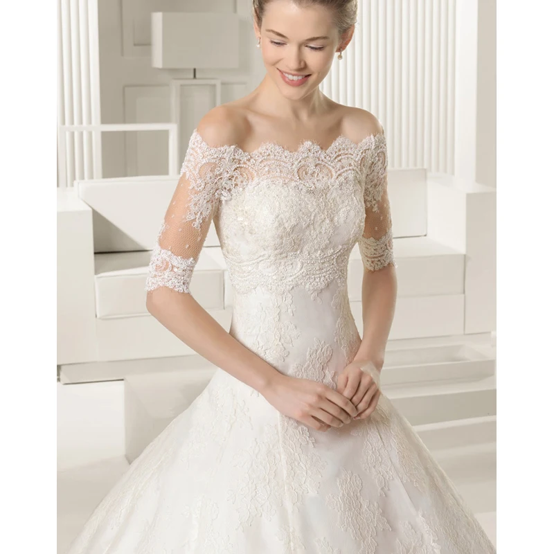 

Elegant wedding dress 2020 Lace A-Line Strapless ball gown sweep train Ivory / white wedding gown with Jacket beaded customize