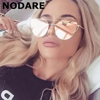 

NODARE Cat Eye Vintage Brand Designer Rose Gold Mirror Sunglasses For Women Metal Reflective flat lens Sun Glasses Female oculos