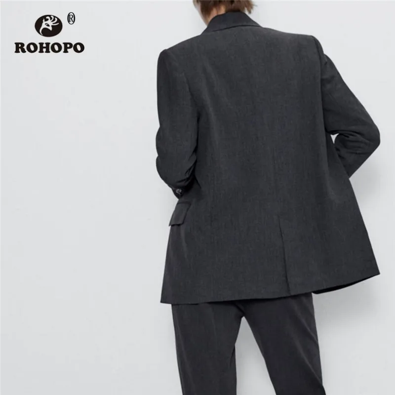 ROHOPO Single Buttons Notched Collar Round Edge Grey Blazer Side Flaps Welted Pockets Solid Autumn Office Ladies Outwear #6196 ROHOPO Single Buttons Notched Collar Round Edge Grey Blazer Side Flaps Welted Pockets Solid Autumn Office Ladies Outwear #6196
