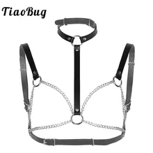 Женский черный бюстгальтер из искусственной кожи без бретелей регулируемый нагрудный ремень для тела ремень с металлической цепочкой панк готический сексуальный костюм Rave Клубная одежда