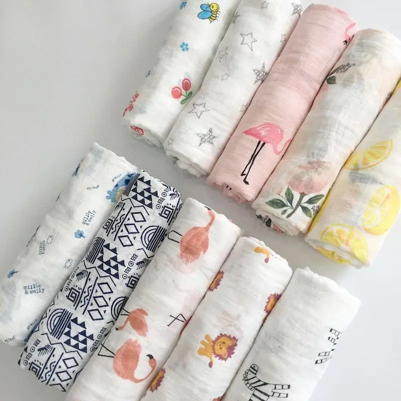 2pcs/set Newborn Baby Blanket Cotton Bamboo Blanket Cartoon Patterns Multi-use Infant Towel Baby Muslin Swaddle Wrap